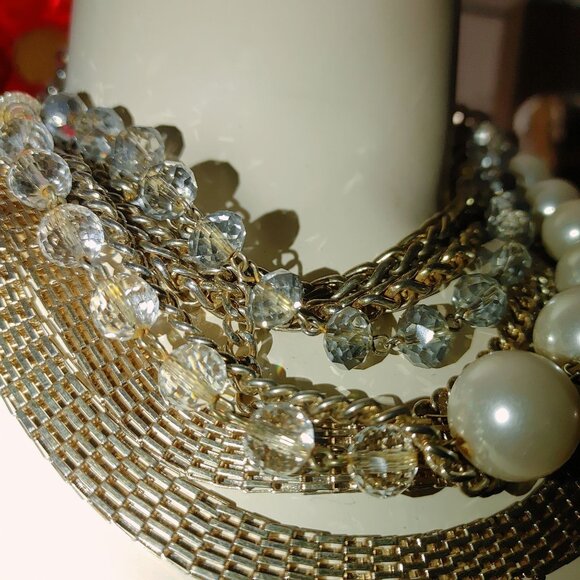 Statement Necklace Multi 8 Strand Glass Crystals Faux Pearls Gold Silver Chunky - Picture 13 of 15